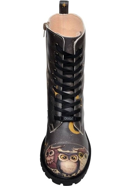 Kadın Vegan Deri Siyah Fermuarlı Uzun Bot - Owls Family Tasarım indirimleri