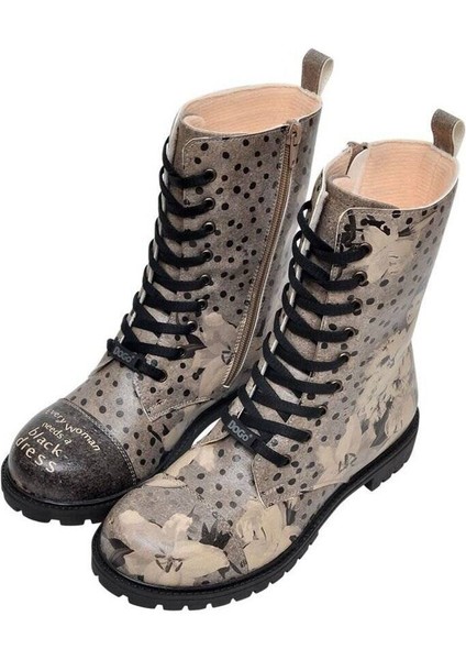 Kadın Vegan Deri Gri Fermuarlı Uzun Bot - Black Dress Tasarım