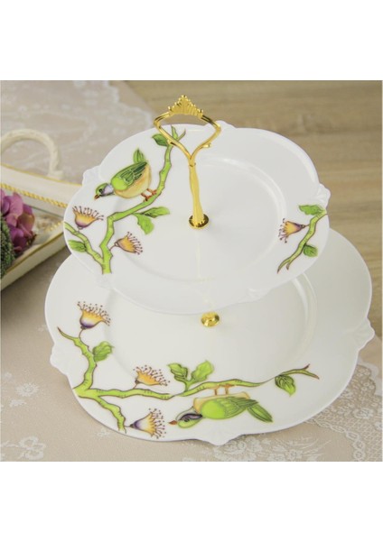 Kabartma Kuşlu 2 Katlı Kurabiyelik Bone China Kuş Desenli Iki Katlı Kurabiyelik