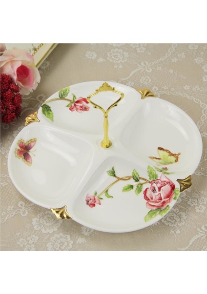 Kabartma Güllü 4 Lü Çerezlik Bone China Gül Desenli Dört Bölmeli Çerezlik
