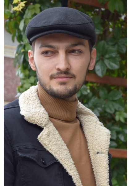 London Siyah Kasket Kaşe Kışlık Kumaş Şapka