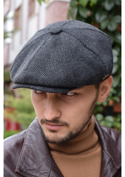 Erkek Kışlık Kasket Ingiliz Stili Peaky Blinders Siyah Noktalı Newsboy Trend 8 Parça Kasket