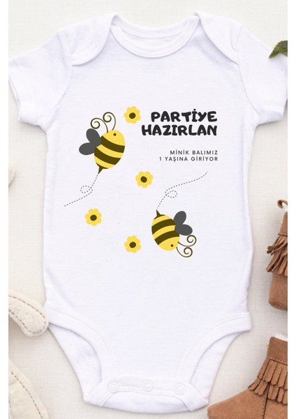 Unisex Bebek Partiye Hazırlan Minik Balımız 1 Yaşına Giriyor Baskılı Body Zıbın fiyatları