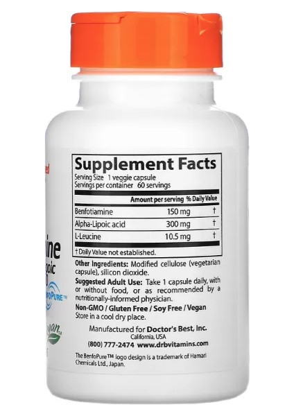 Doctor’s Best, Benfotiamine 150 + Alpha-Lipoic Acid 300, 60 Veggie Capsul. USA