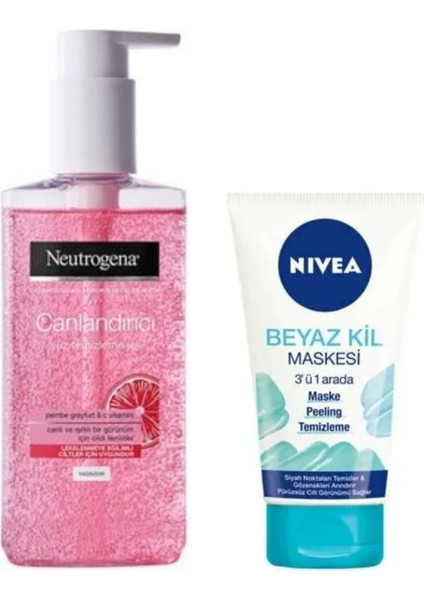 Pembe Greyfurt & C Vitaminli Canlandırıcı Yüz Temizleme Jeli 200 ml + Nivea Beyaz Kil Maskesi 3'ü1 Arada MASKE150 ml