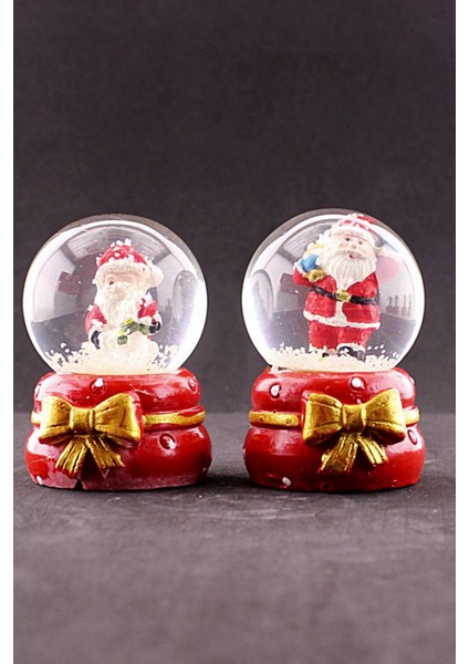 2 Adet Yeni Yıl Noel Baba Temalı Kurdele Detaylı Mini Boy Işıklı Kar Küresi 6,5 cm B