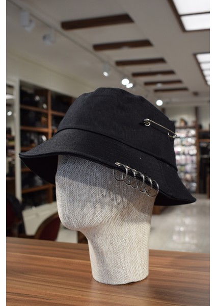 Kancalı Siyah Unisex Keten Bucket Şapka Kova Balıkçı Şapka Pamuk
