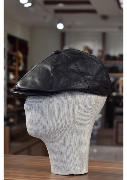 Hakiki Deri Siyah Kasket Düğmeli Klasik Kışlık Kasket Lastikli Şapka fiyatları