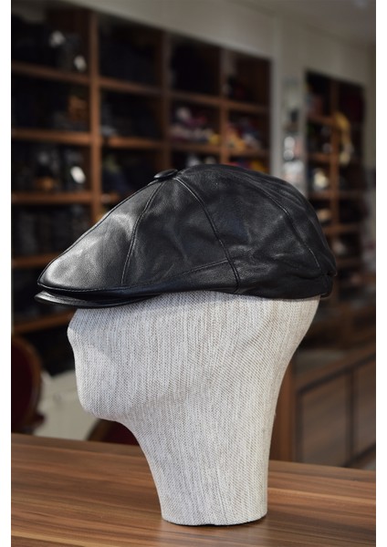 Hakiki Deri Siyah Kasket Düğmeli Klasik Kışlık Kasket Lastikli Şapka modelleri