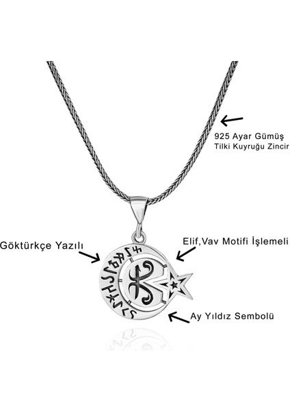 Göktürkçe Harfli Elif Vav Ay Yıldız 60 cm 925 Gümüş Kolye fiyatları