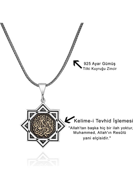Davut Yıldızı Kelime-I Tevhid Yazılı 60 cm 925 Gümüş Kolye