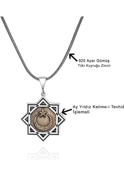 Davut Yıldızı Ayyıldız Kelimeyi Tevhid Yazılı 60 cm 925 Gümüş Kolye fiyatları