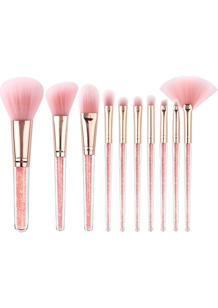 10'u Bir Arada Pembe Kristal Şeffaf Saplı Makyaj Fırçası Seti Pembe