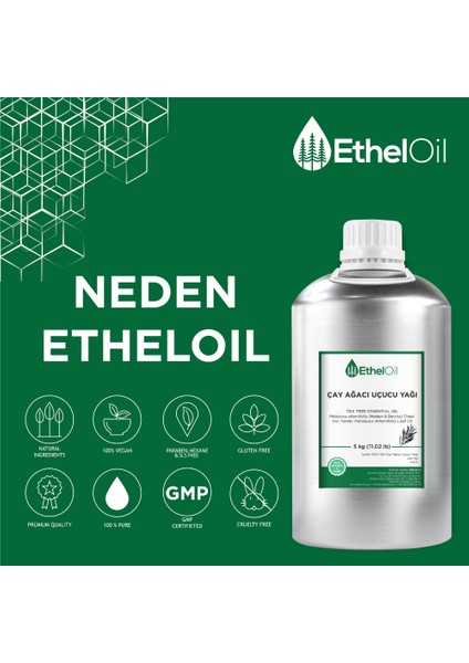 Çay Ağacı Uçucu Yağı - Etheloil - 5 kg - %100 Saf ve Doğal Uçucu Yağ - Üretici Firma, Yüksek Kalite, Toptan Satış - Tea Tree Essential Oil - Melaleuca Alternifolia (Maiden & Betche) Cheel