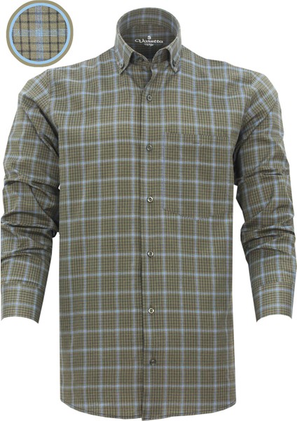 Erkek Yeşil Kareli Yaka Düğmeli Cepli Uzun Kollu Gömlek