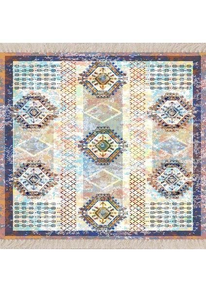 Geometrik Desenli Karo Motif Dijital Baskı Yıkanabilir Kaymaz Taban Etnik Mavi Salon Halısı