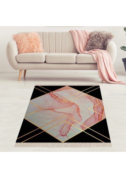 Geometrik Mermer Desenli Gold Dijital Baskı Yıkanabilir Kaymaz Taban Leke Tutmaz Modern Salon Halısı