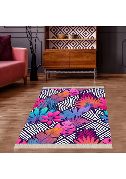 Renkli Tropikal Yaprak Desenli Dijital Baskılı Kaymaz Taban Modern Salon Halısı ve Yolluk
