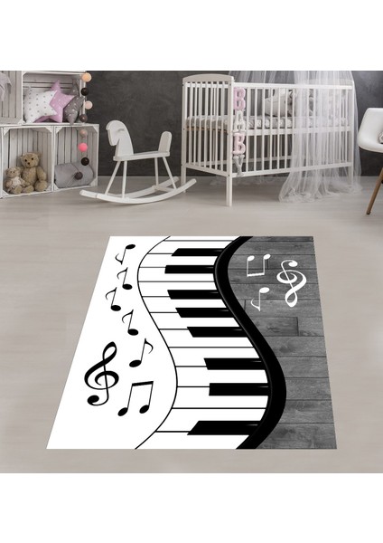 Piyano Desenli Müzik Notalı Halı Dijital Baskı Yıkanabilir Kaymaz Taban Modern Salon Halısı