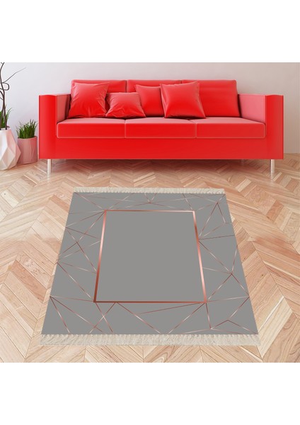 Gold Geometrik Çerçeve Desenli Dijital Baskı Yıkanabilir Kaymaz Taban Modern Salon Halısı Yolluk Gri