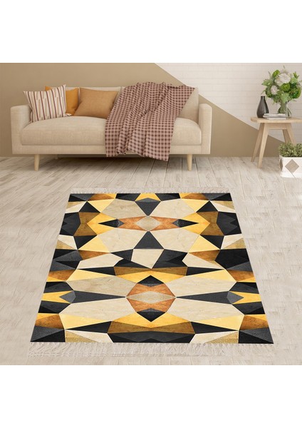 Geometrik Taş Desenli Renk Bloklu Yıkanabilir Kaymaz Taban Leke Tutmaz Modern Salon Halısı ve Yolluk