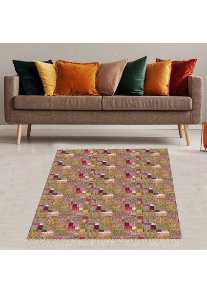Patchwork Kilim Desenli Dijital Baskı Yıkanabilir Kaymaz Taban Etnik Salon Halısı ve Yolluk