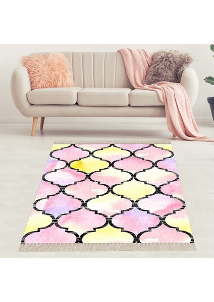 Pembe Damla Desenli Dijital Baskı Yıkanabilir Kaymaz Taban Leke Tutmaz Modern Salon Halısı Yolluk