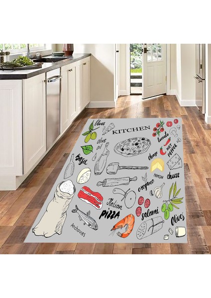 Kitchen Desenli Renkli Dijital Baskılı Kaymaz Taban Yıkanabilir Leke Tutmaz Mutfak Halısı