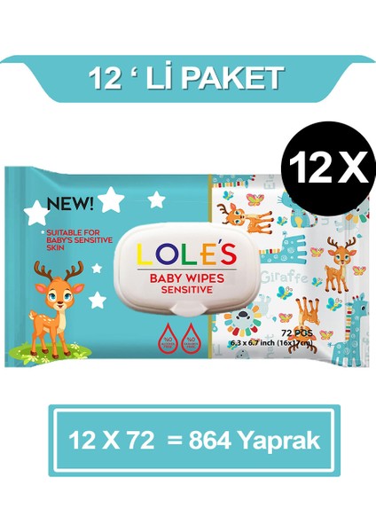 Sensitive Bebek Islak Mendil 12 x 72'li 864 Yaprak - Bebekler için uygun çok amaçlı temizleyici ıslak mendil