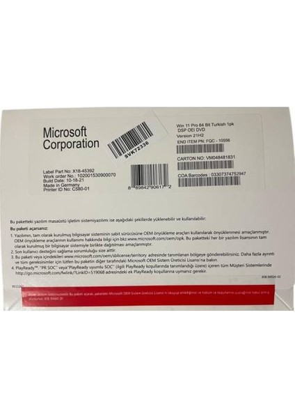 Windows 11 Pro 64 Bit Oem DVD Kutu FQC-10556