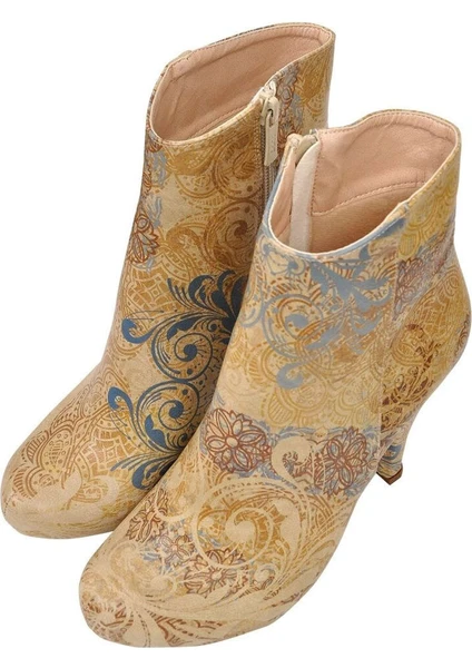 Kadın Vegan Deri Bej Bootie - Floral Yellow Tasarım