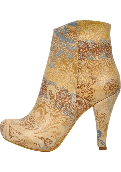 Kadın Vegan Deri Bej Bootie - Floral Yellow Tasarım