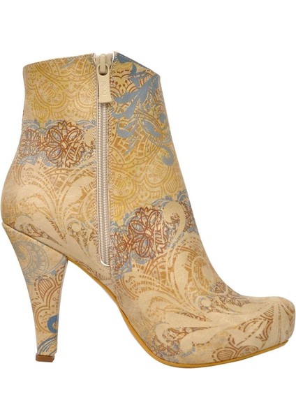 Kadın Vegan Deri Bej Bootie - Floral Yellow Tasarım