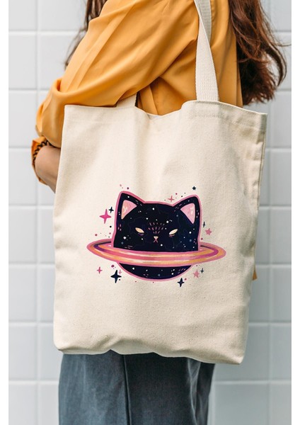 Kanvas Saturn Cat Baskılı Bez Çanta 1199