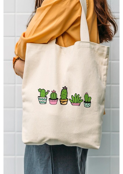Kanvas Cactuses Baskılı Bez Çanta 1100