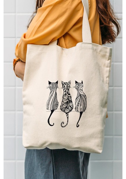 Kanvas 3 Kedi Baskılı Bez Çanta 1081