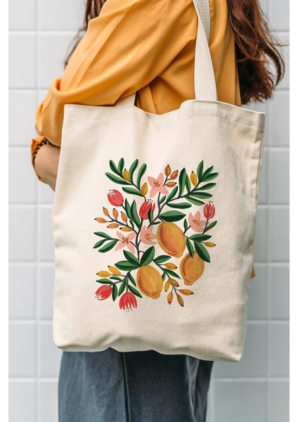 Kanvas Limon Çiçekler Baskılı Bez Çanta 1167