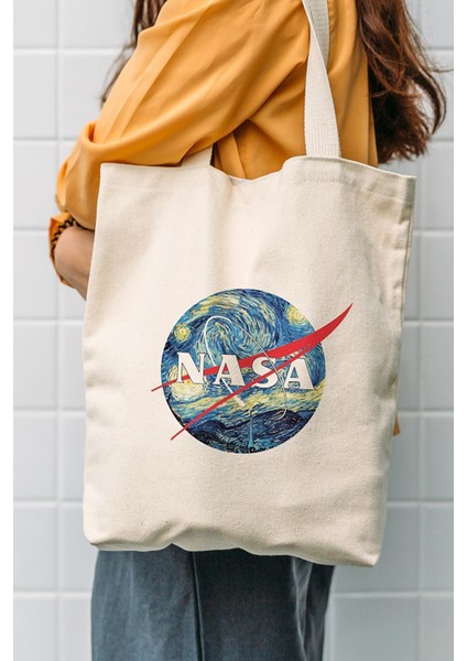 Kanvas Nasa Starry Night Baskılı Bez Çanta 1177
