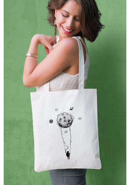 Kadın Gezegende Sallanmak Baskılı Bez Çanta 1036