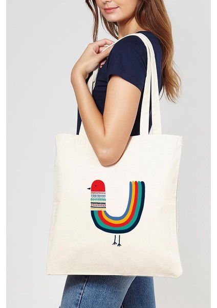 Color Bird Baskılı Ham Bez Çanta 0873