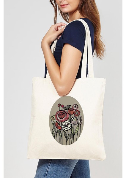 Oval Frame Flowers Baskılı Ham Bez Çanta 0869