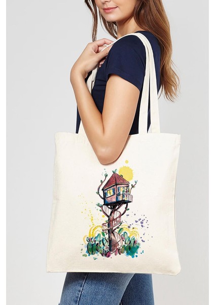 Ağaç Ev Baskılı Ham Bez Çanta 0891