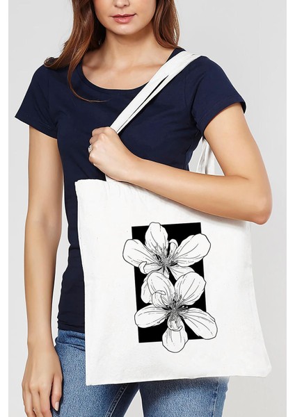 Beyaz Çerçevedeki Çiçekler Ham Bez Çanta 0766