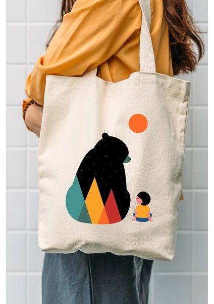 Kız Genç Bej Kanvas Ayı Desenli Bez Omuz Çantası C0499