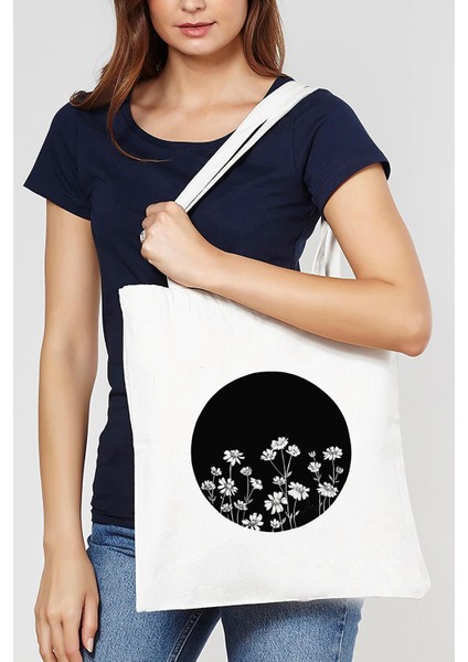 Beyaz Çember Papatyalar Ham Bez Çanta 0765