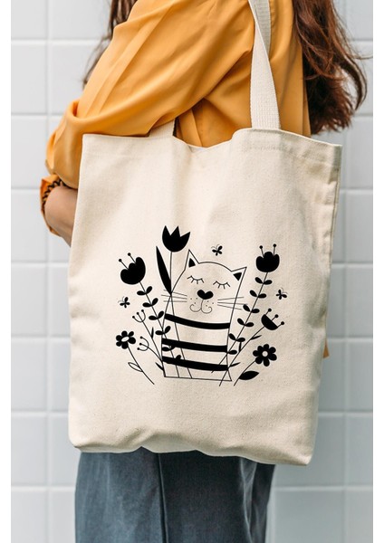 Kanvas Çiçekli Kedi Bez Çanta C0513