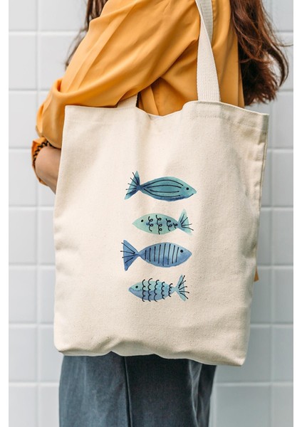Kanvas Mavi Balıklar Bez Çanta C0568