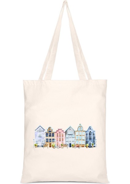 Amsterdam Evleri Baskılı Ham Bez Çanta 0609