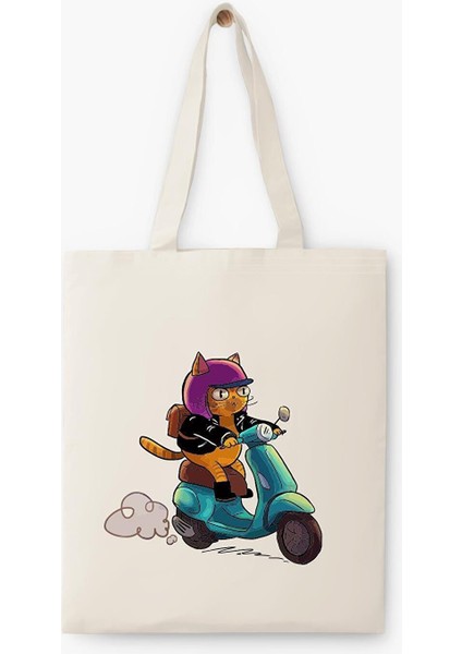 Biker Cat Baskılı Ham Bez Çanta 0610