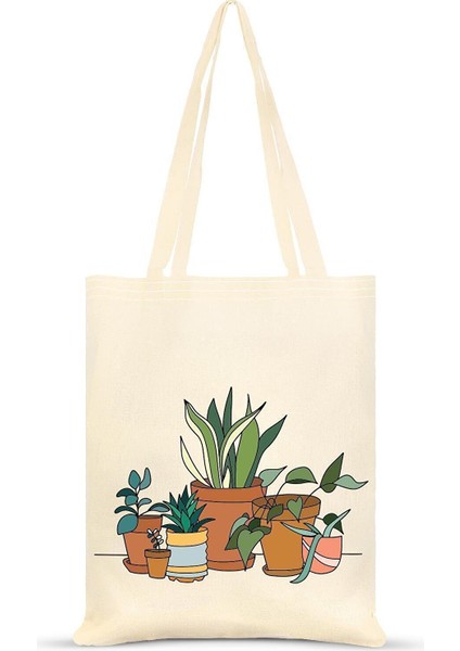 Saksıda Çiçekler Baskılı Ham Bez Çanta 0339